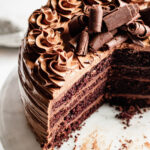 Triple Chocolate Layer Cake slices open to reveal the layers