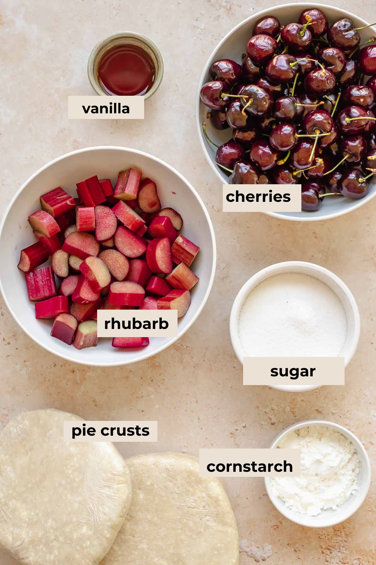 Ingredients for cherry rhubarb pie.