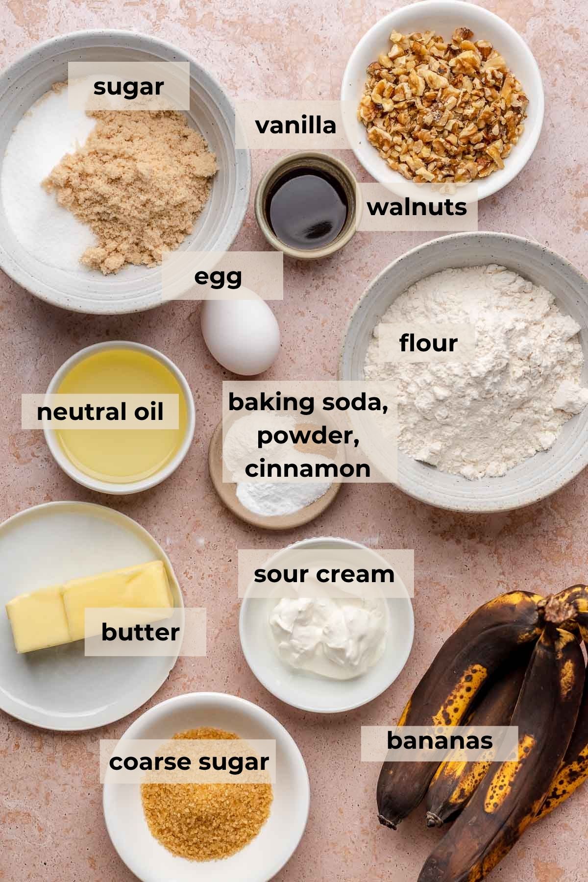 Ingredients for banana nut muffins.