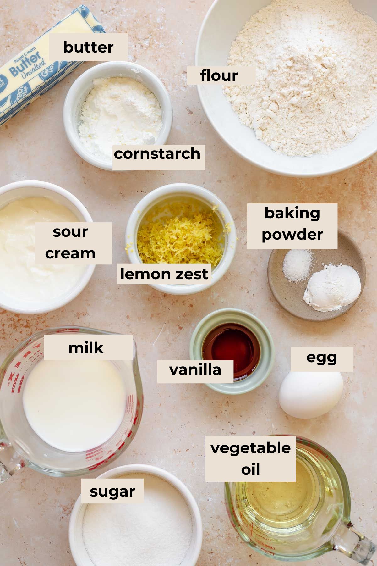 Ingredients for lemon curd cake with meringue topping.