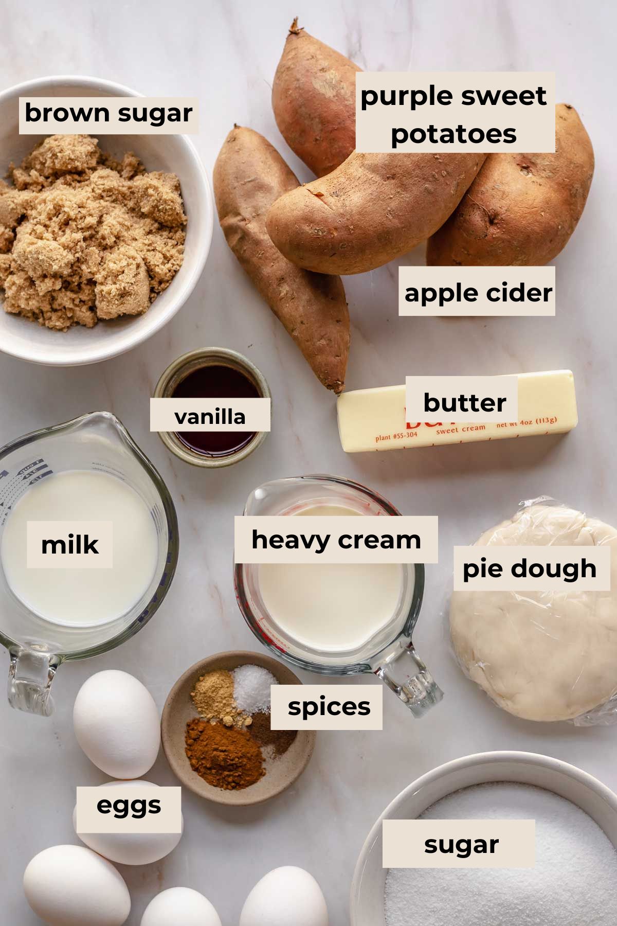 Ingredients for purple sweet potato pie.