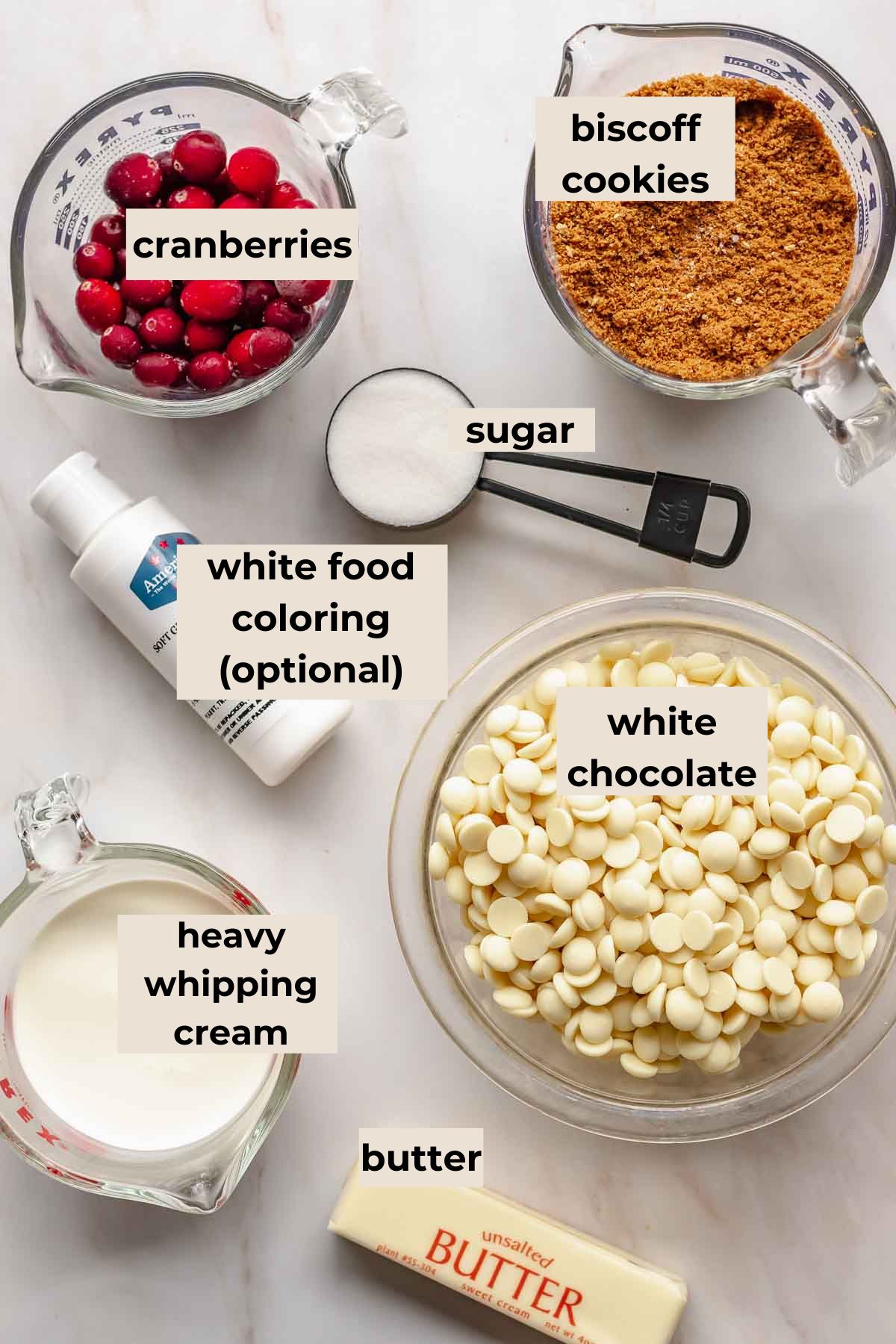 Ingredients for cranberry white chocolate tart.