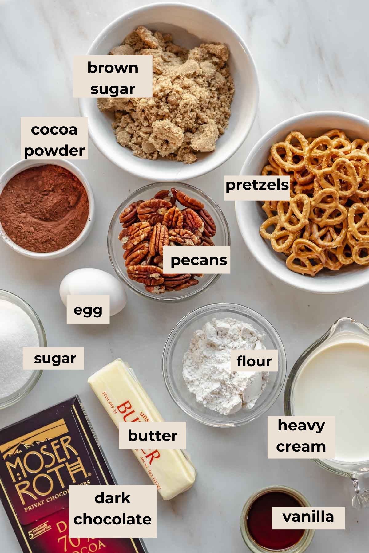 Ingredients or salted chocolate caramel tart.