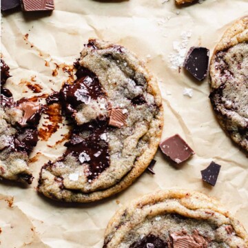 Overhead close up of a warm gooey cookie