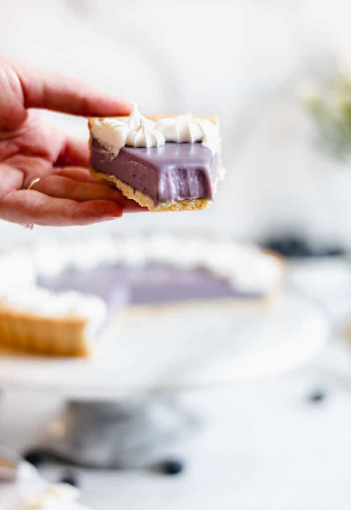 A hand holds a slice of blueberry white chocolate ganache tart with a bite removed.