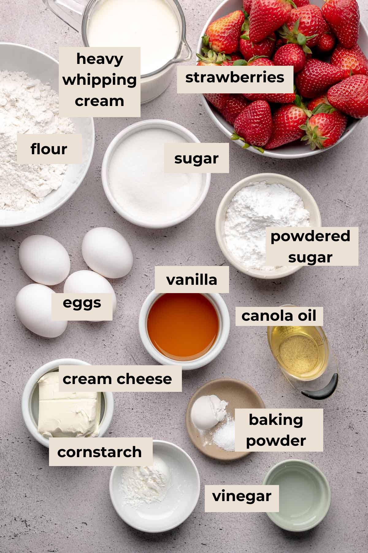 Ingredients for strawberry shortcake cake.