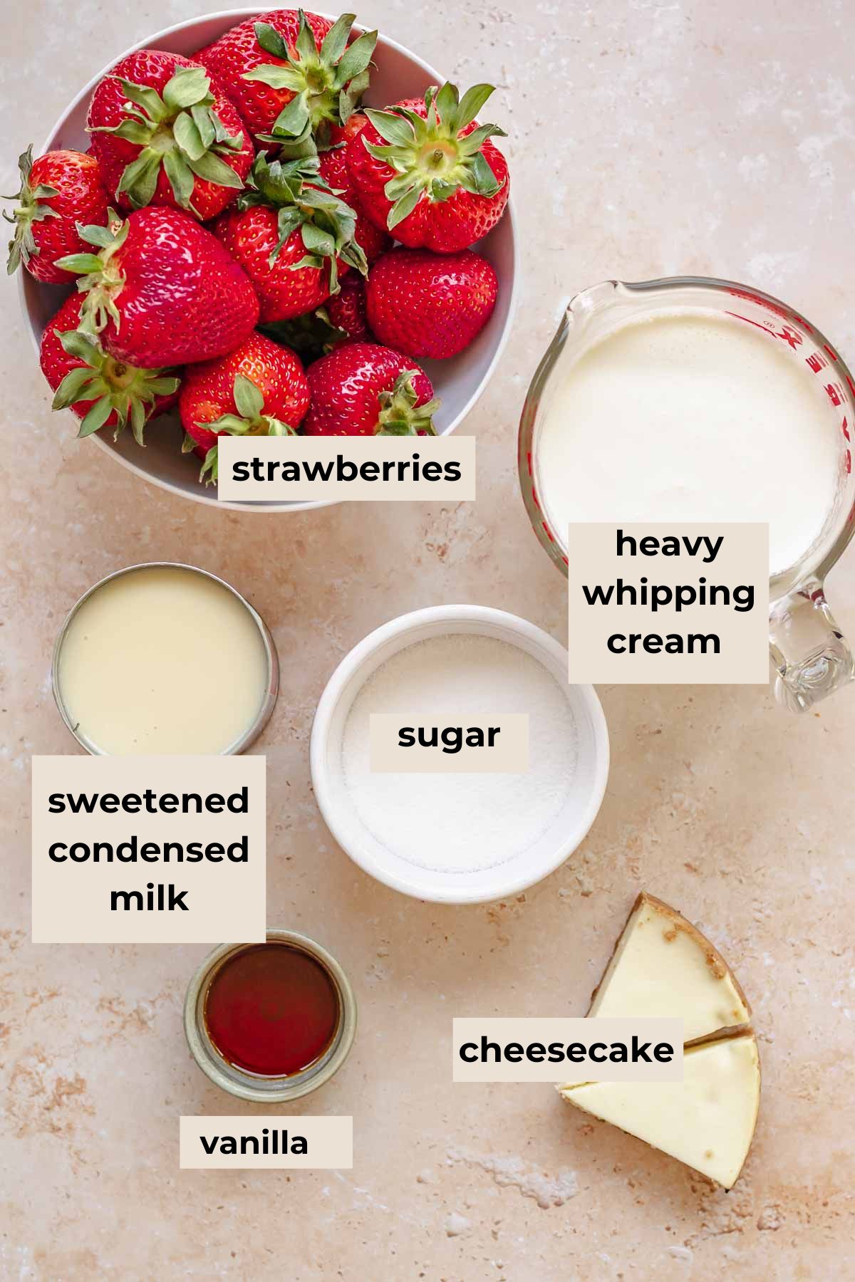 Ingredients for strawberry no churn ice cream.