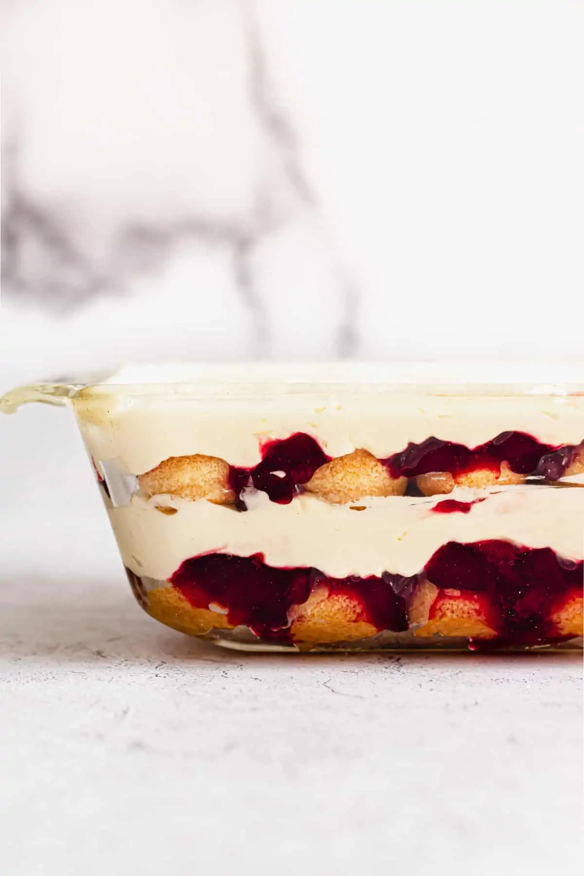 Straight on shot showing the layering of the Cherry Almond Tiramisu