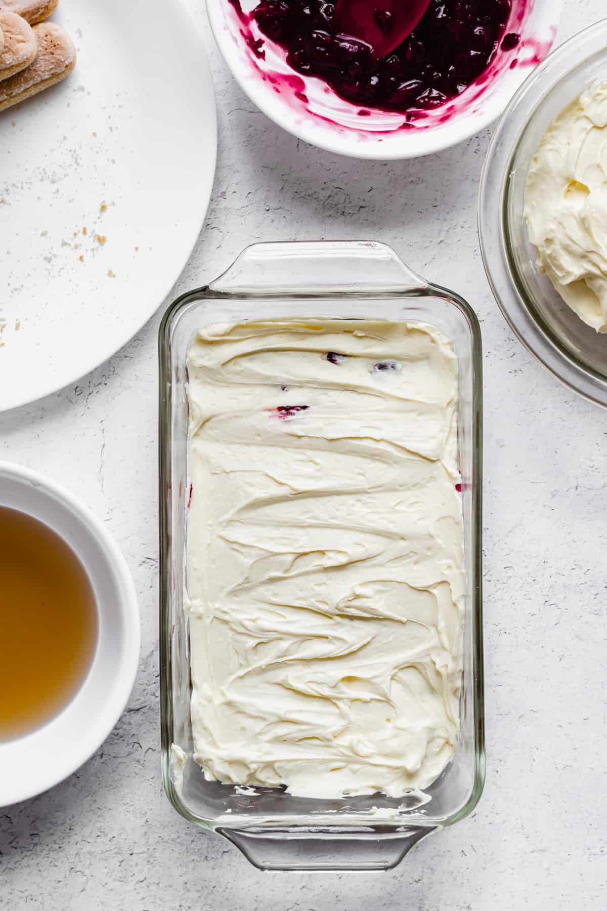 Mascarpone layer added onto the Cherry Almond Tiramisu