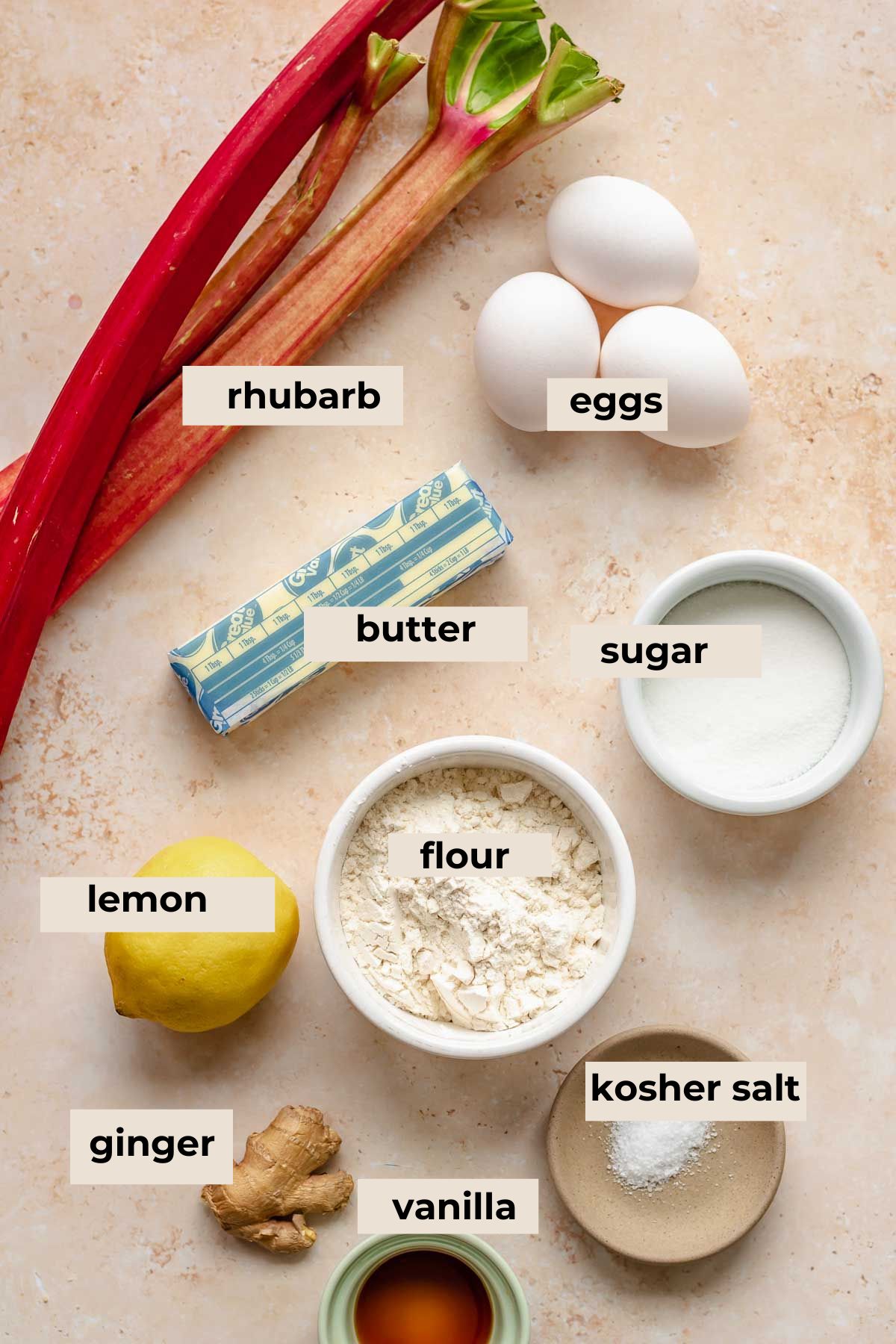 Ingredients for rhubarb bars.