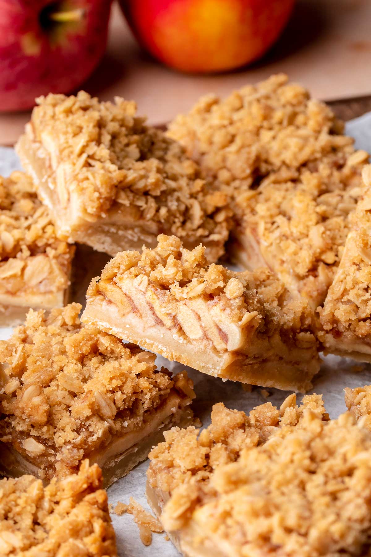 Apple crisp bars cut and laying next to each other.