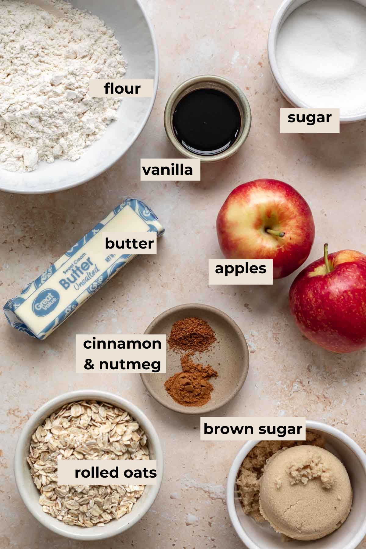 Ingredients for apple crumble bars.