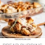 Pinterest pin of bread pudding with bourbon sauce