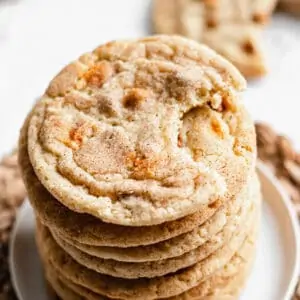 Stack of Classic Chewy Snickerdoodles with a bite removed from the top cookie