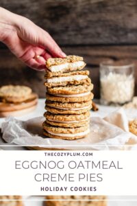 Pinterest pin for eggnog oatmeal creme pie recipe