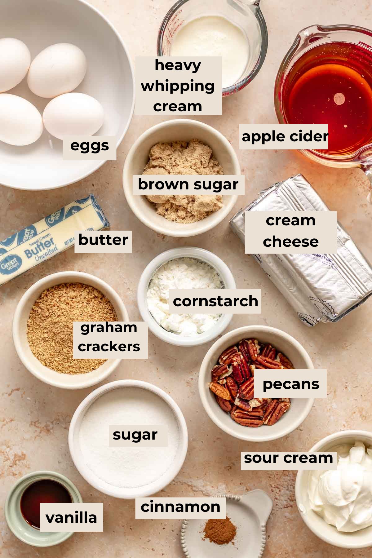Ingredients for caramel pecan cheesecake.