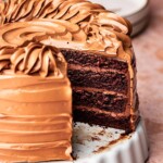 Triple chocolate cake sliced on a platter.