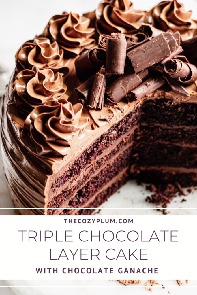Pinterest pin of triple chocolate layer cake 