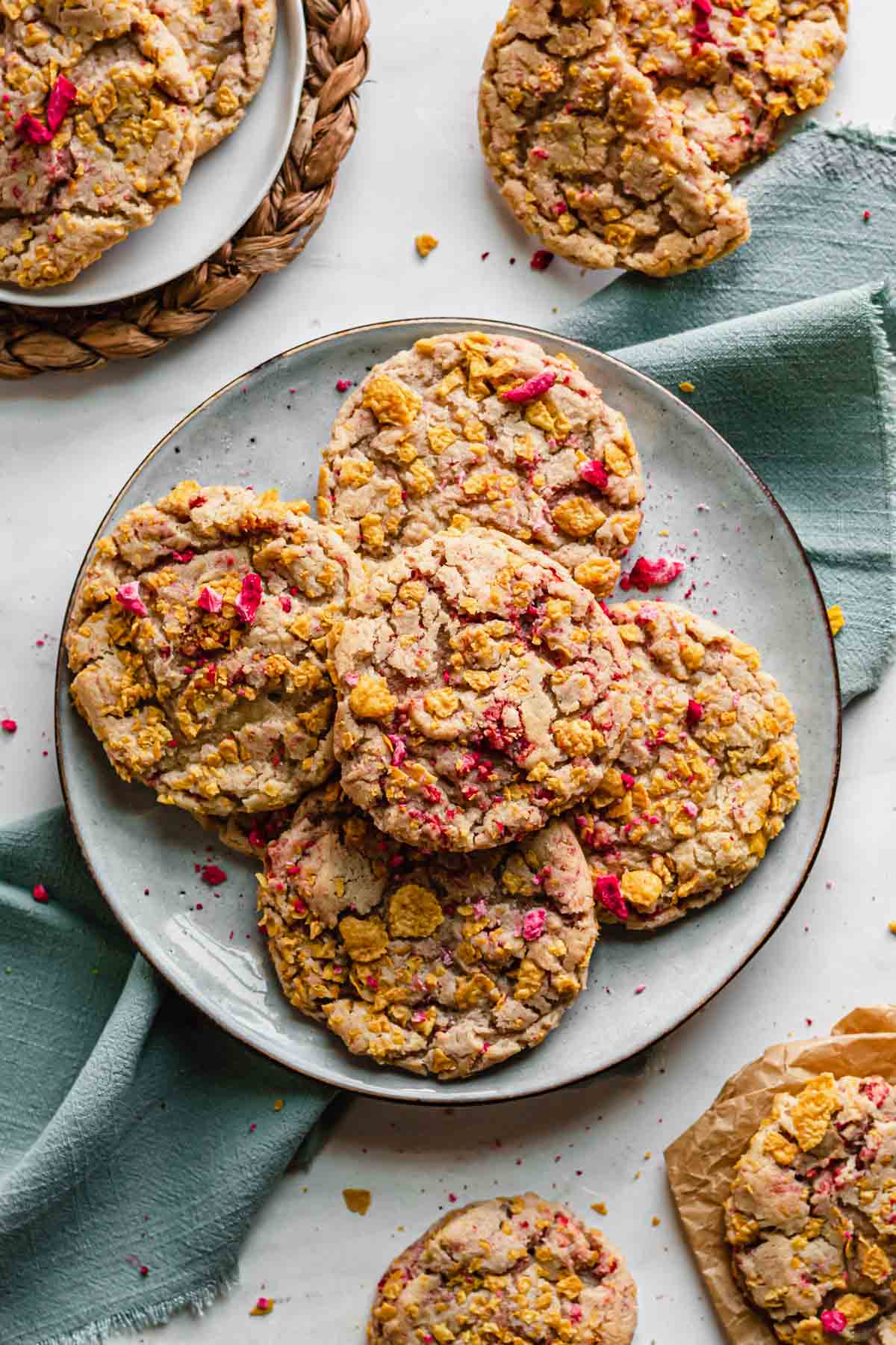 Cornflake cereal cookies stacked on a plate. 