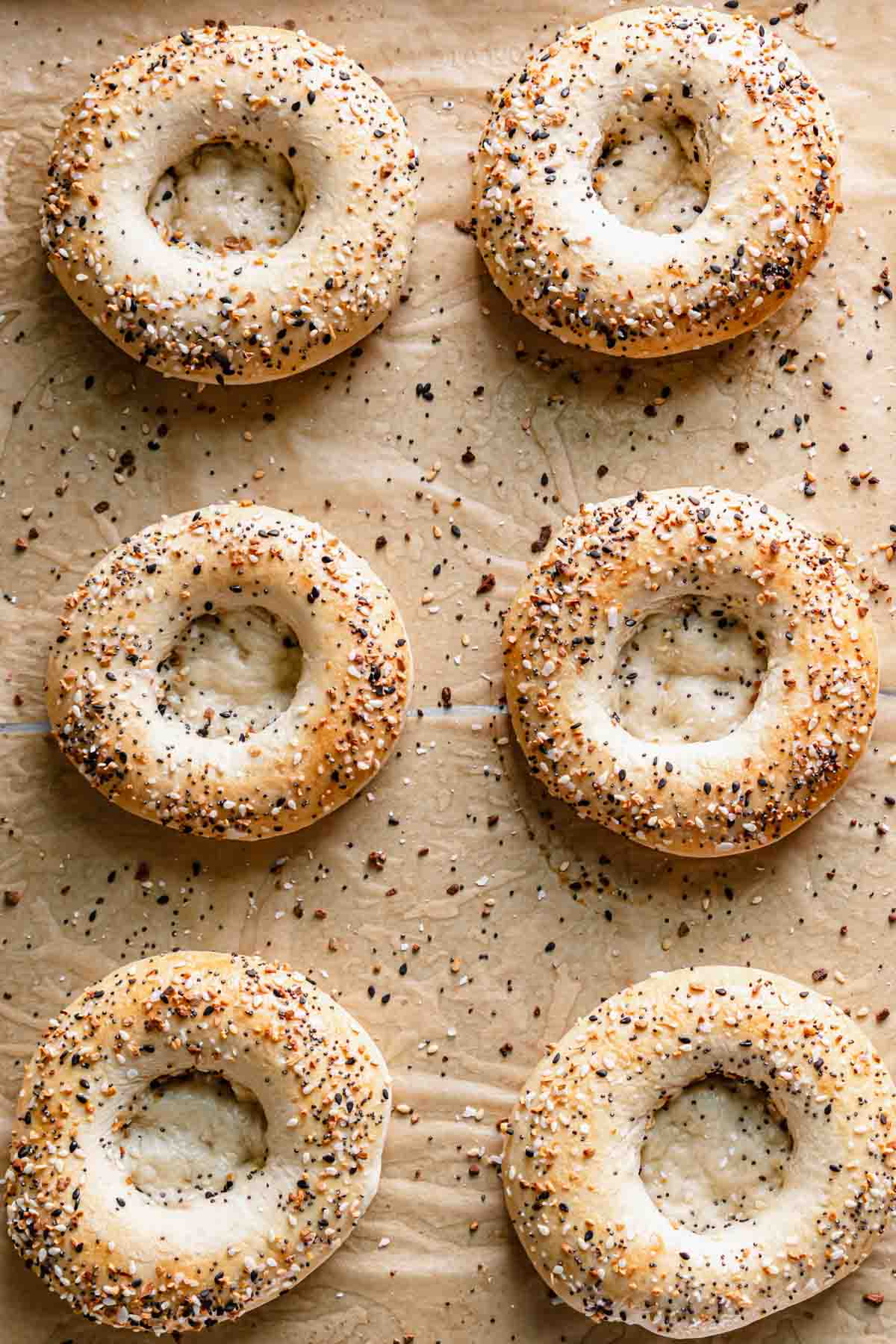 Overhead shot of baked bialy bagels.