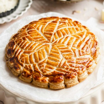 45 degree shot of the finished galette des rois to show the design.