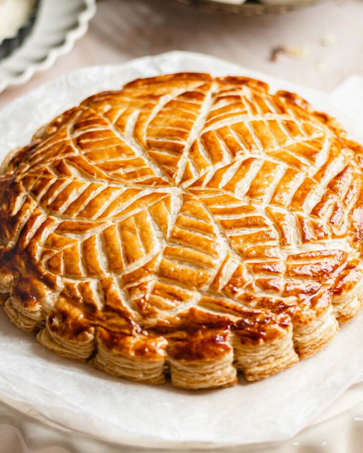 45 degree shot of the finished galette des rois to show the design.