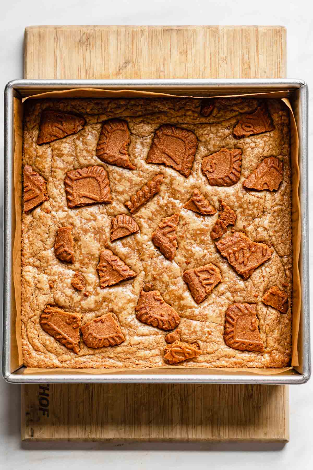 Overhead shot of baked blondies before cutting.