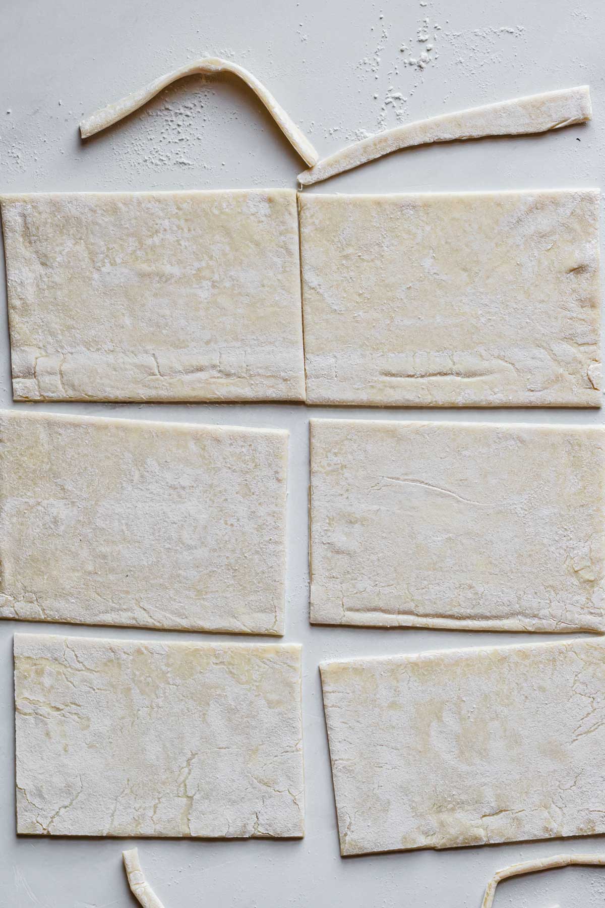 Puff pastry cut into six rectangles.