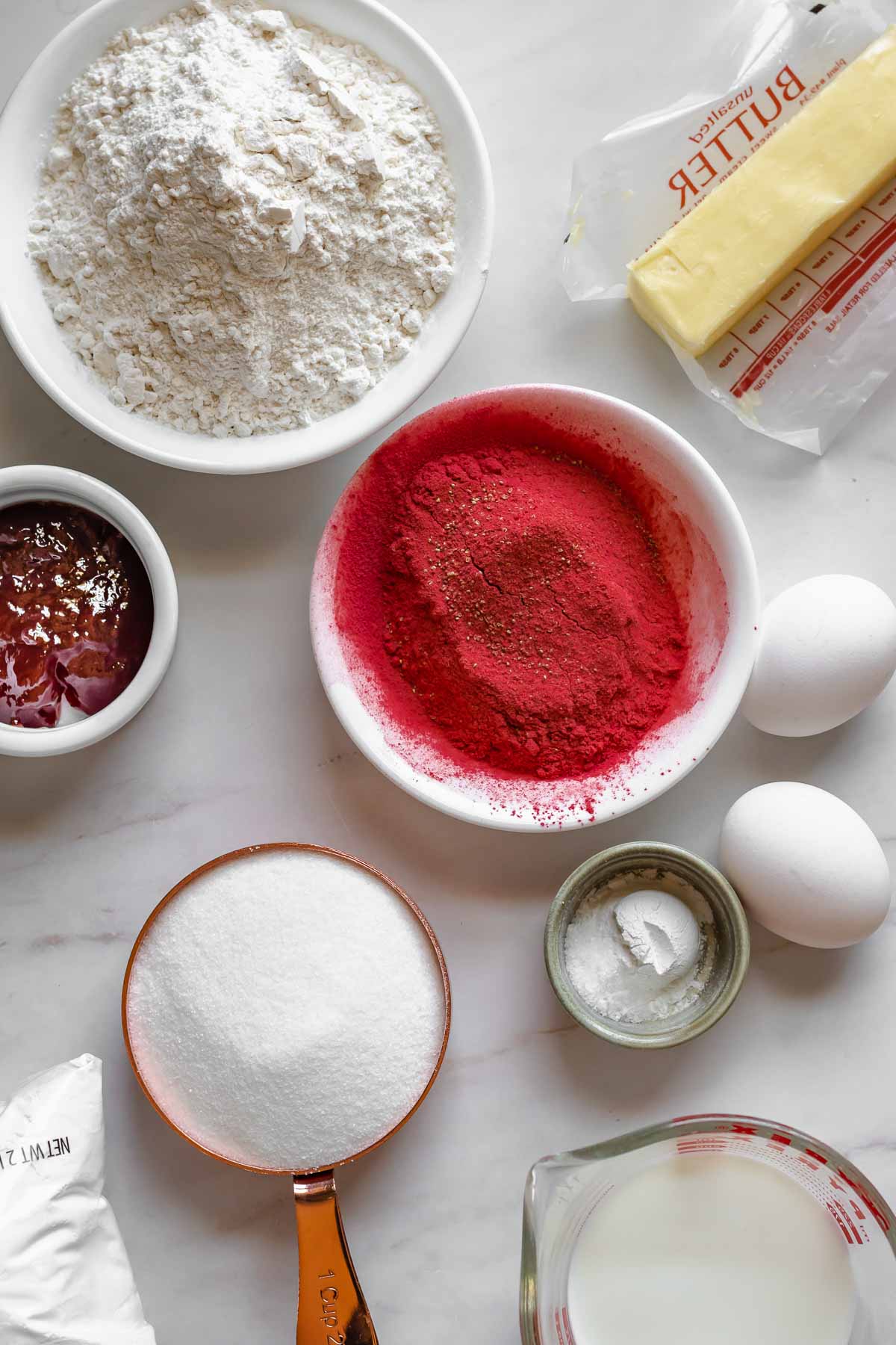 Ingredients for the strawberry whoopie pies.