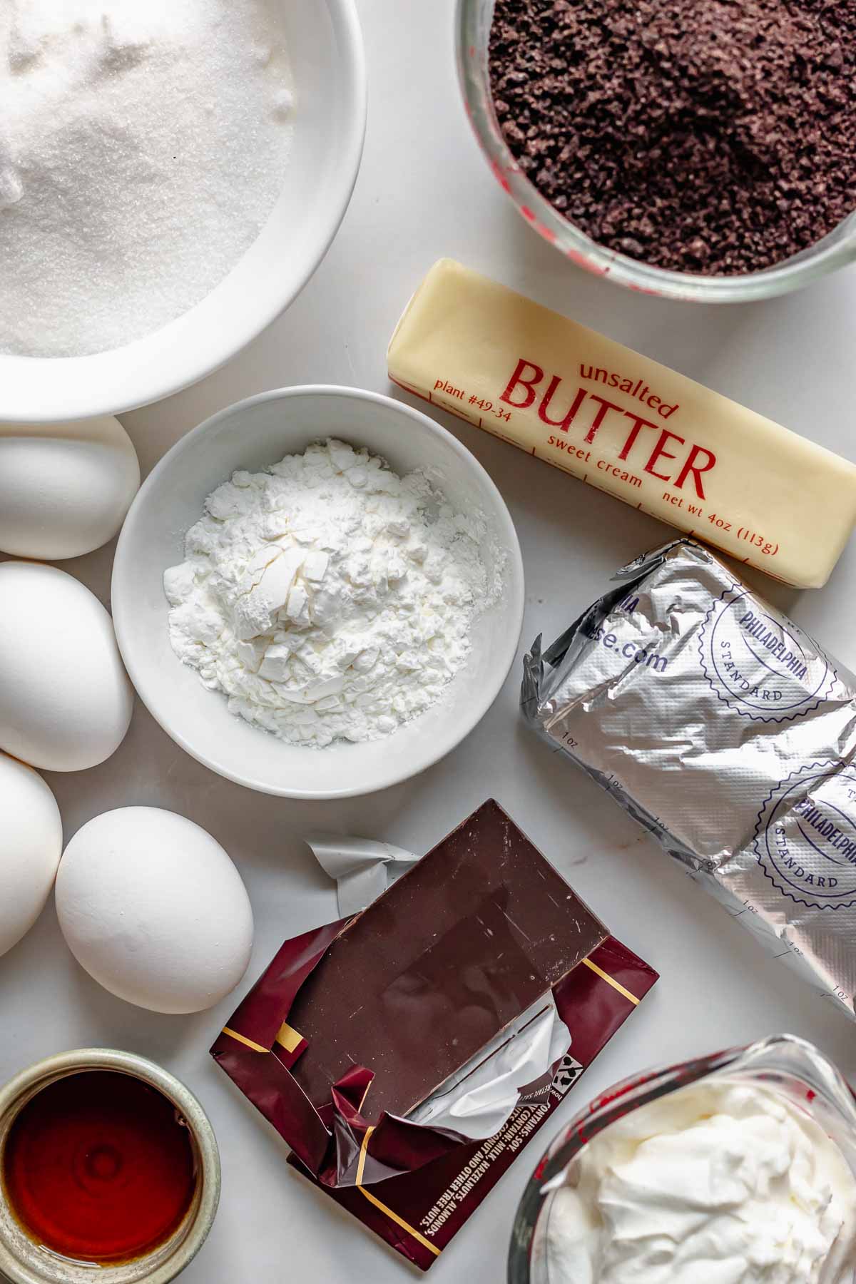 Ingredients for the chocolate marble cheesecake.