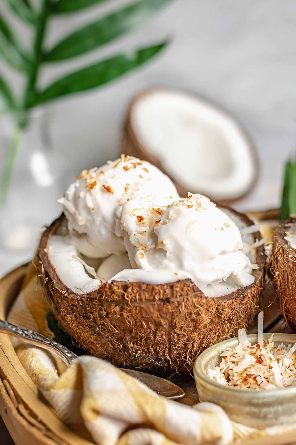 Scoops of coconut sorbet in a coconut shell.