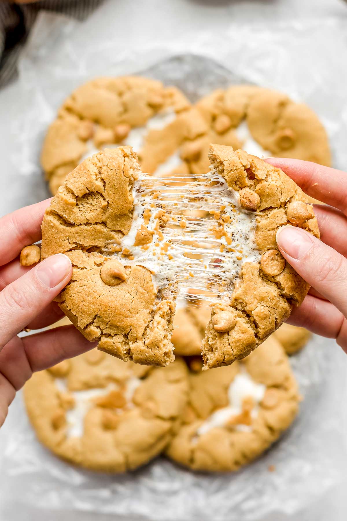 A fluffernutter cookie pulls apart to show the gooey marshmallow pulling.