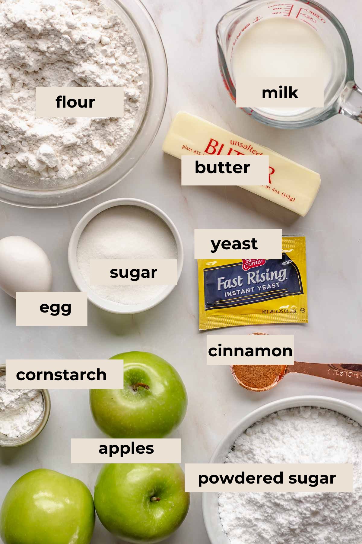 Ingredients for the apple fritter donuts.