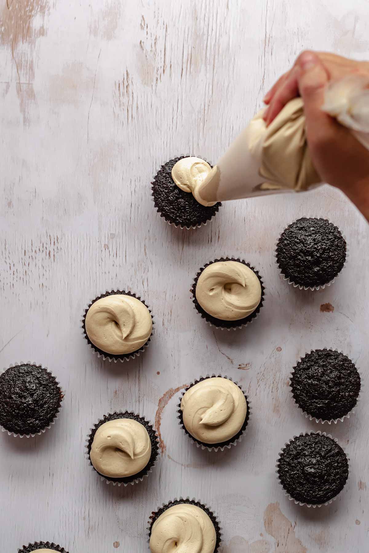 A hand pipes espresso buttercream onto chocolate cupcakes.