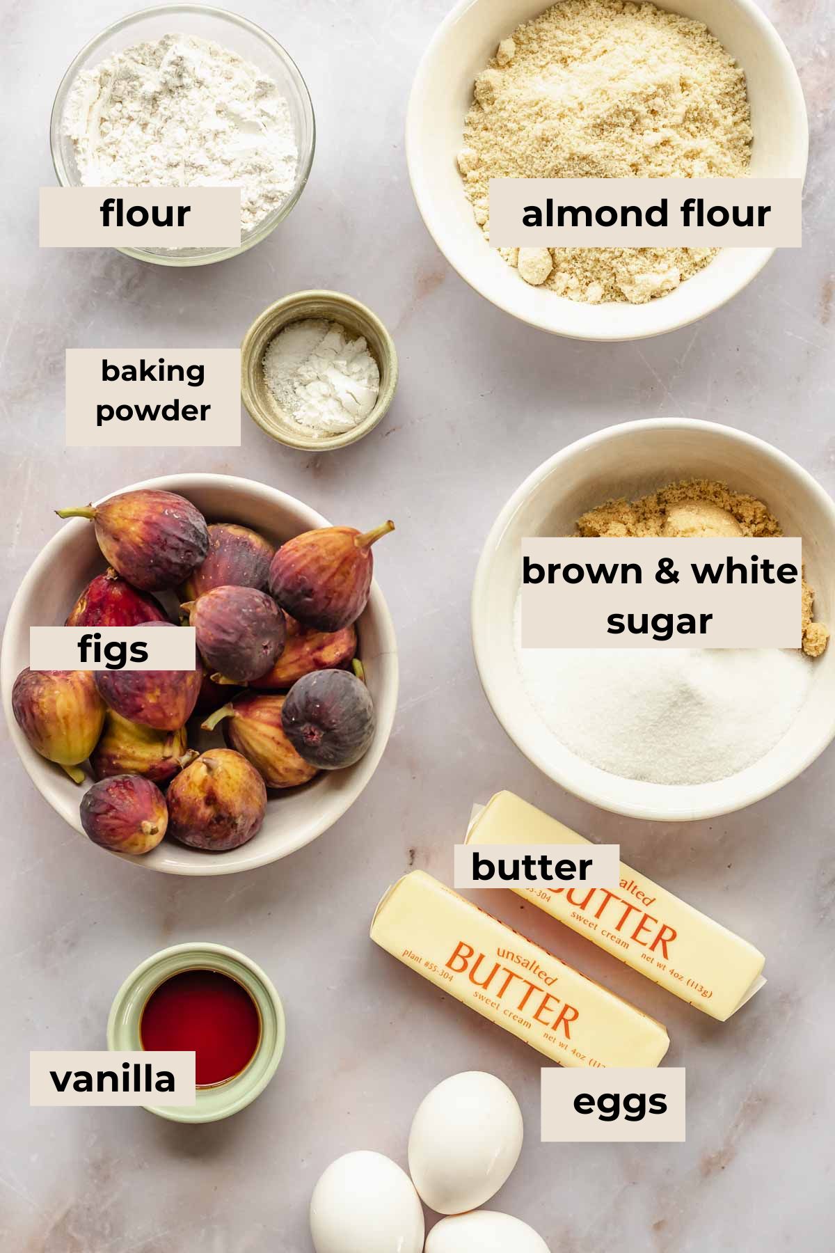 Ingredients for upside down fig cake.