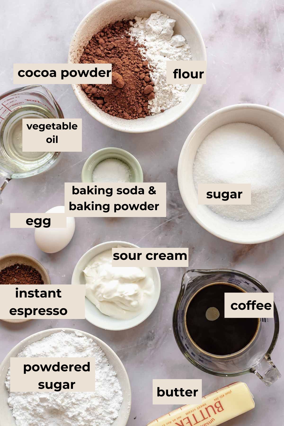 Ingredients for chocolate mocha cupcakes.