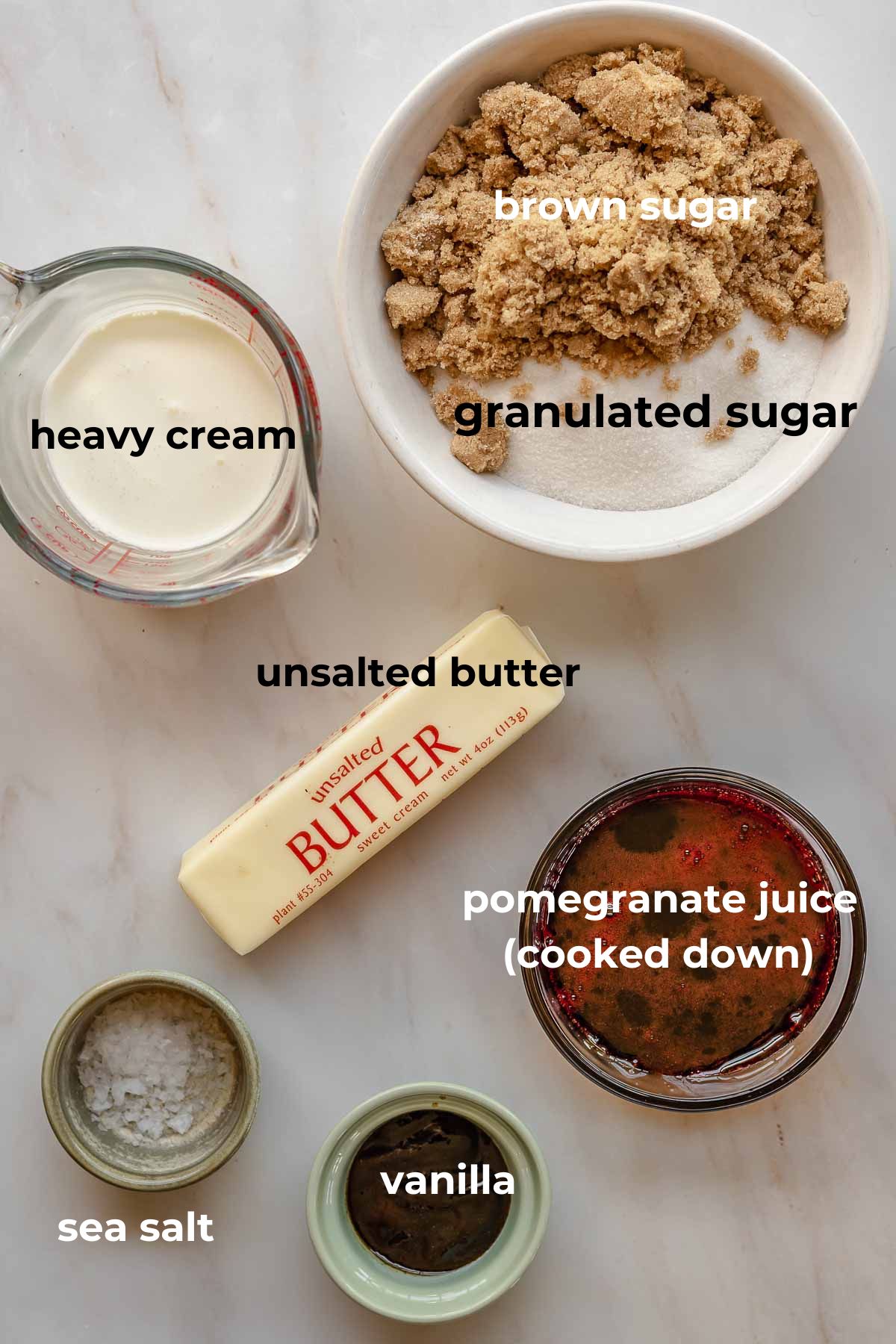 Ingredients for pomegranate caramels.