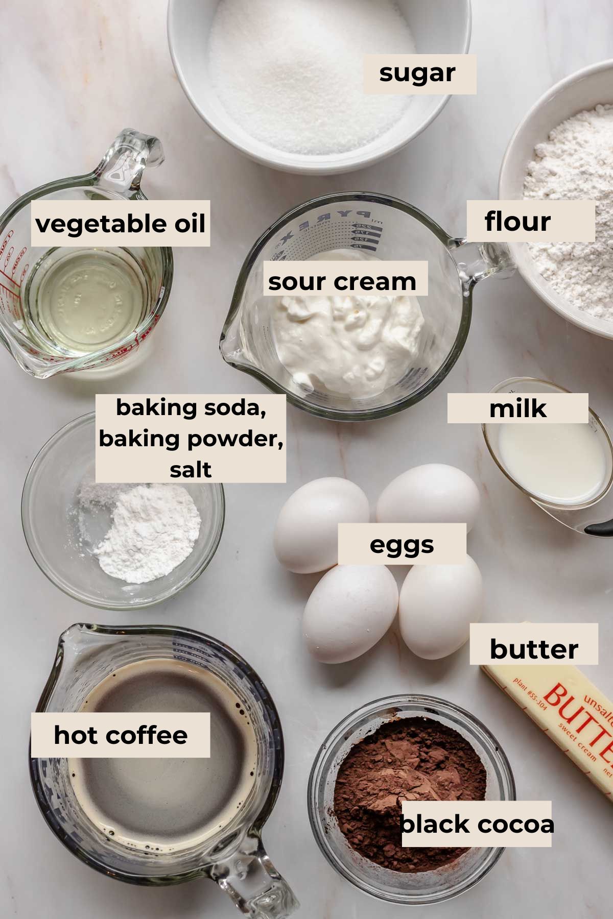 Ingredients for black velvet cake.