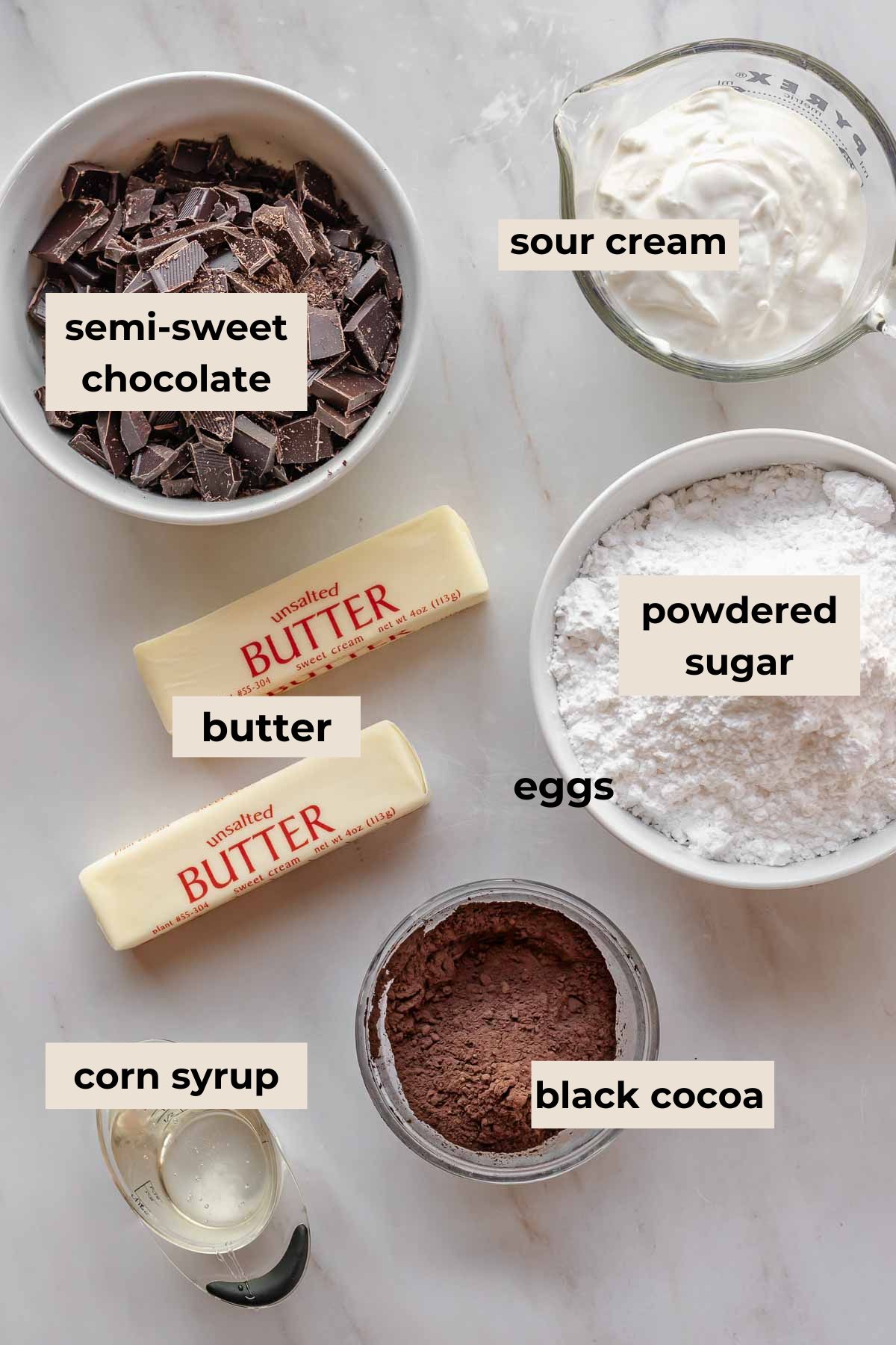 Ingredients for chocolate sour cream frosting.