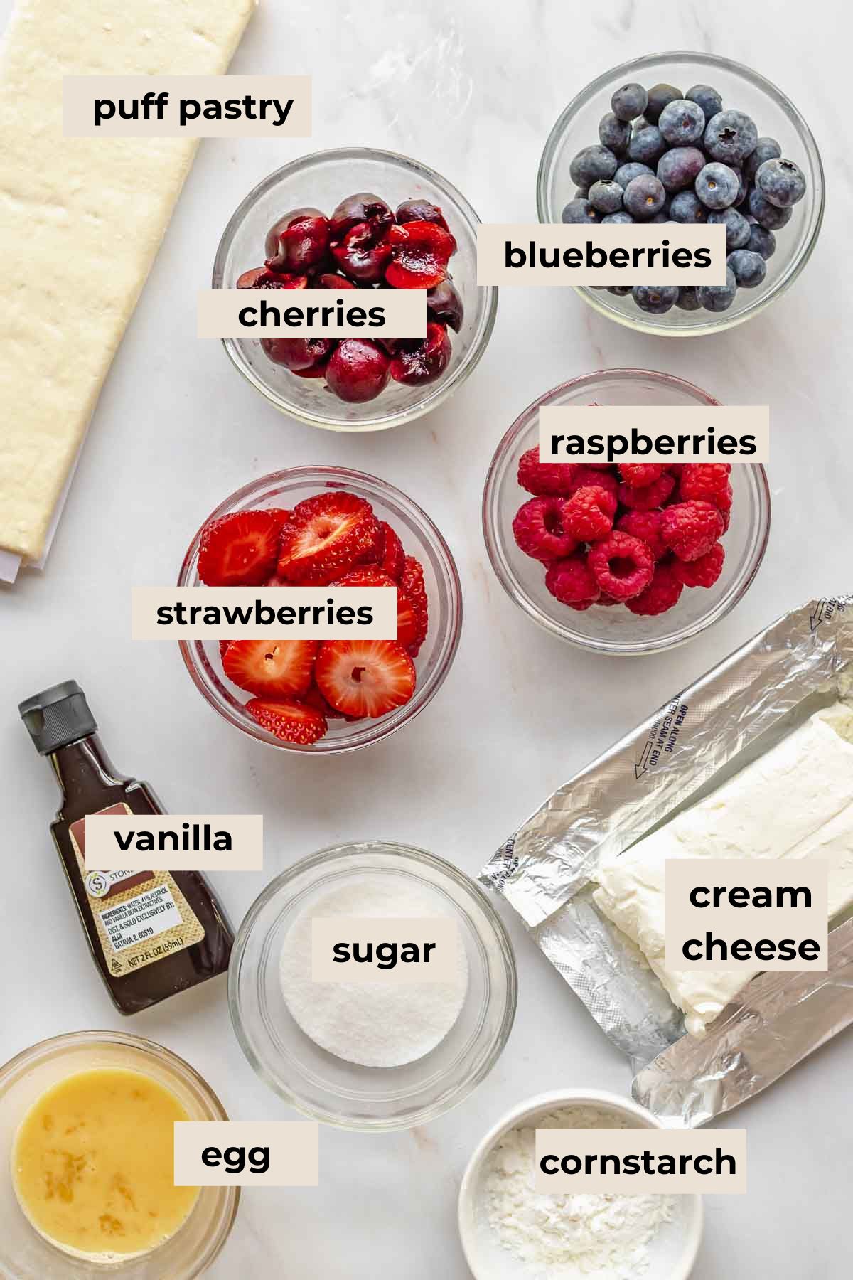 Ingredients for fruit and cream cheese danish.