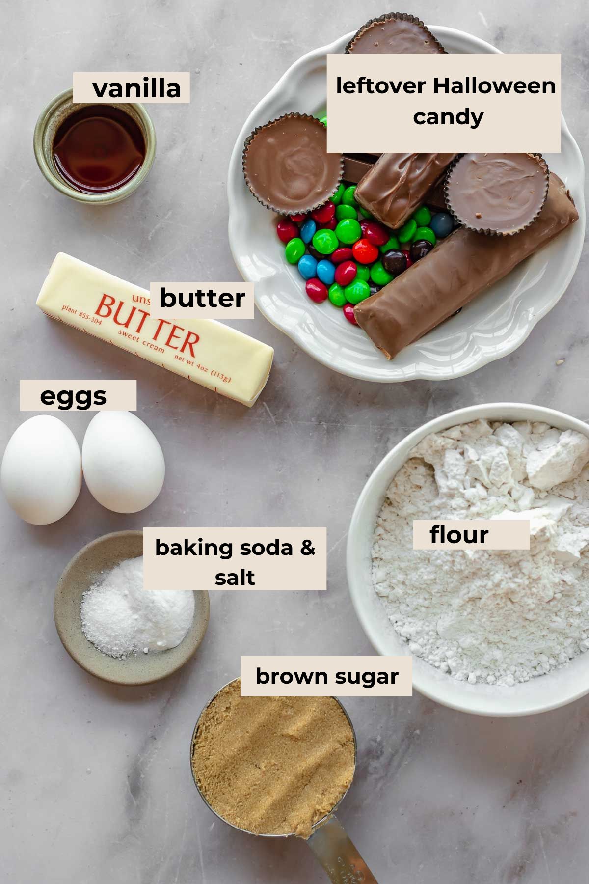 Ingredients for leftover halloween candy cookies.
