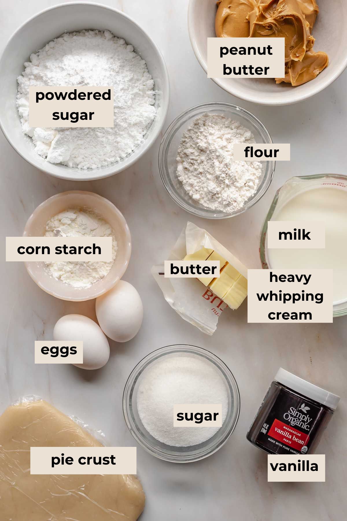 Ingredients for Amish peanut butter pie.