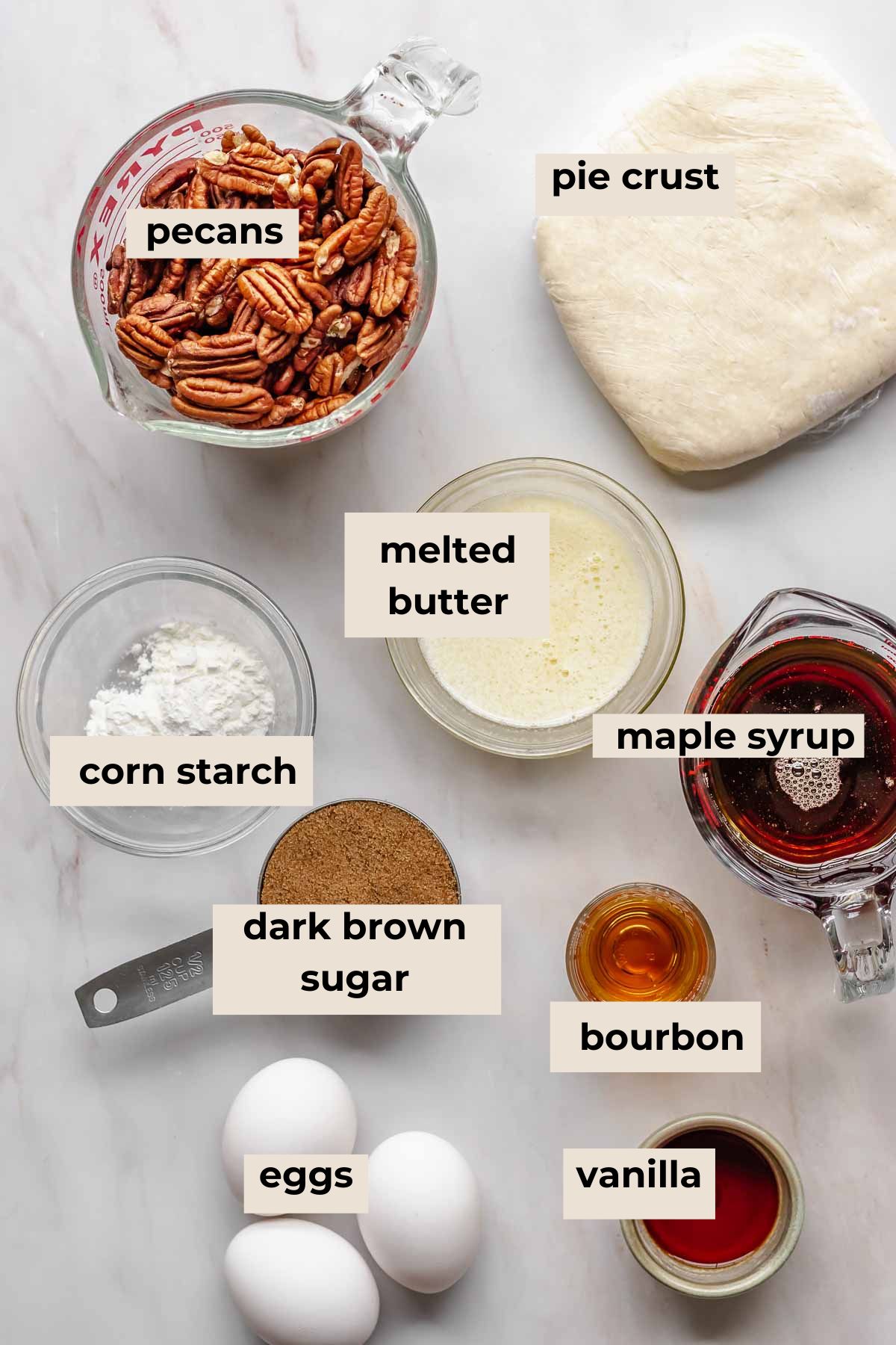 Ingredients for maple bourbon pecan pie.
