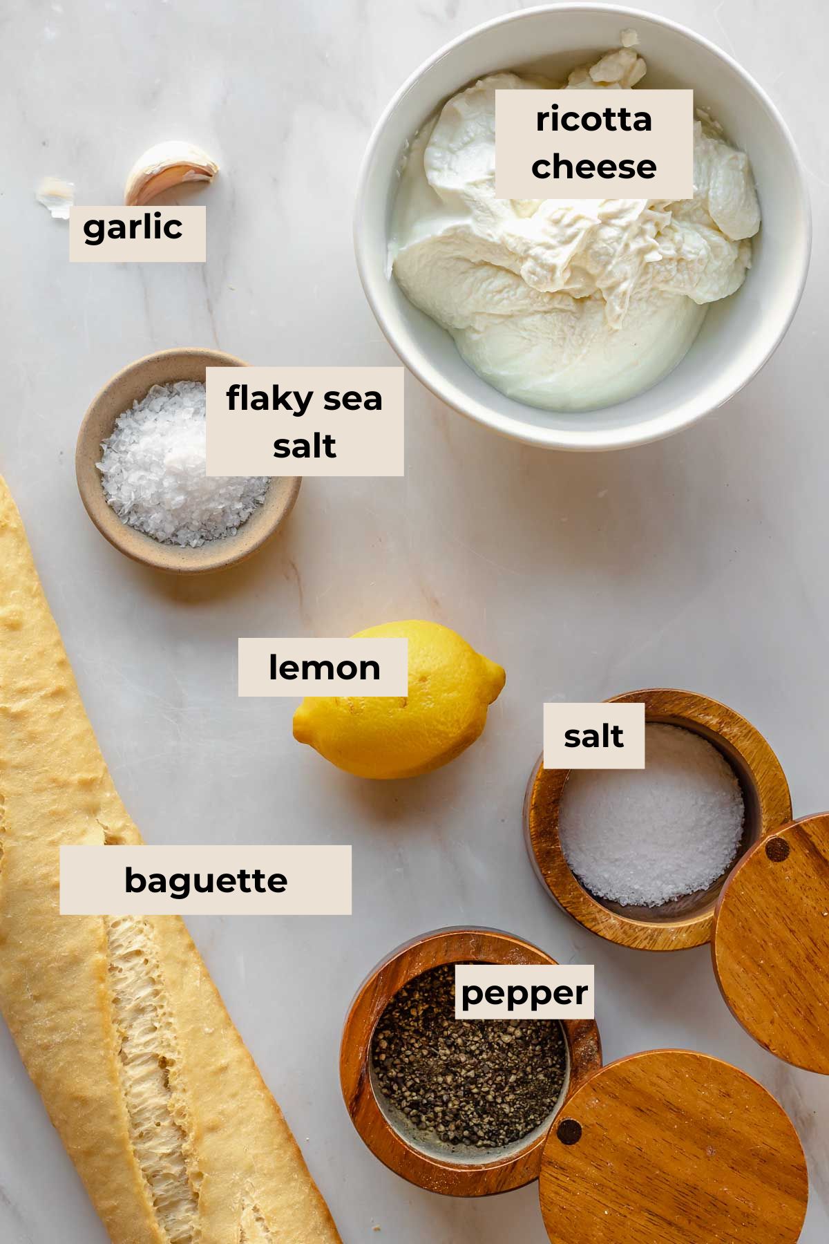 Ingredients for whipped ricotta crostini.