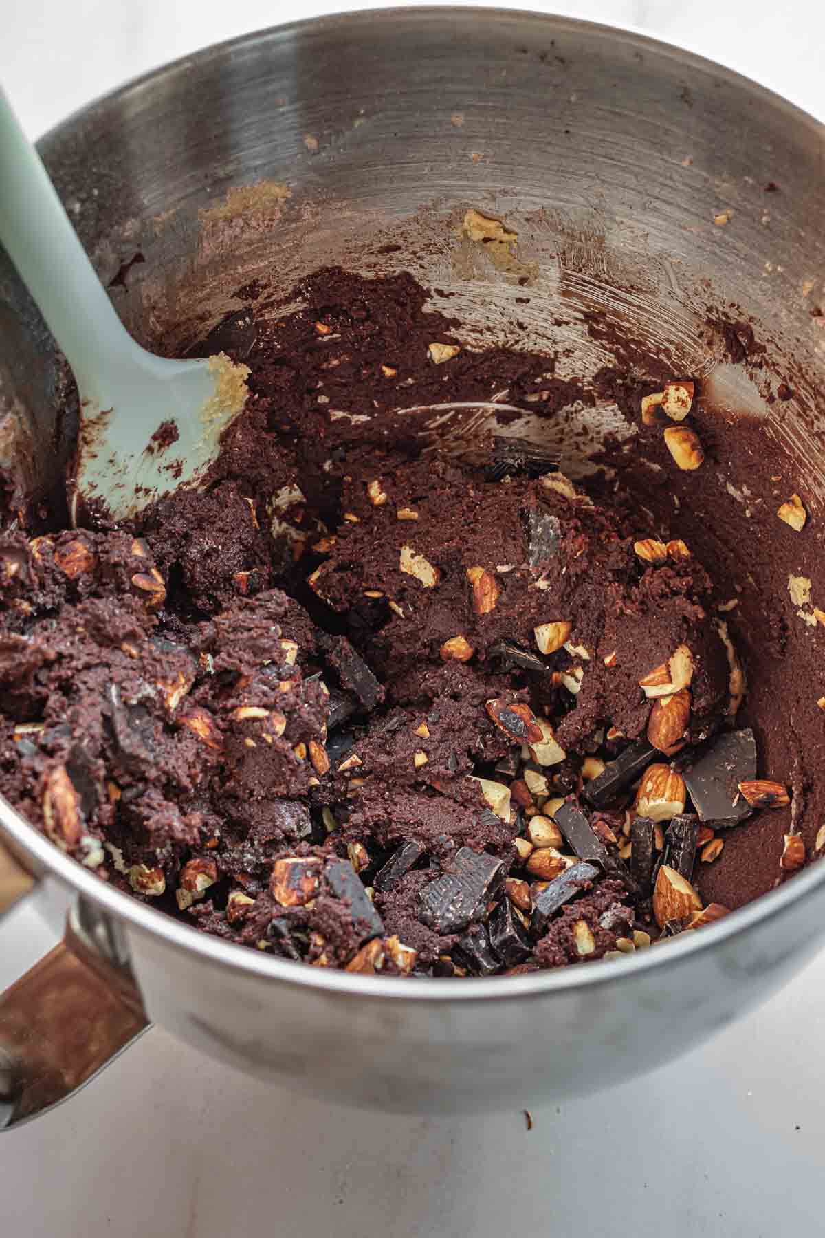 Finished chocolate almond cookie dough in a bowl.
