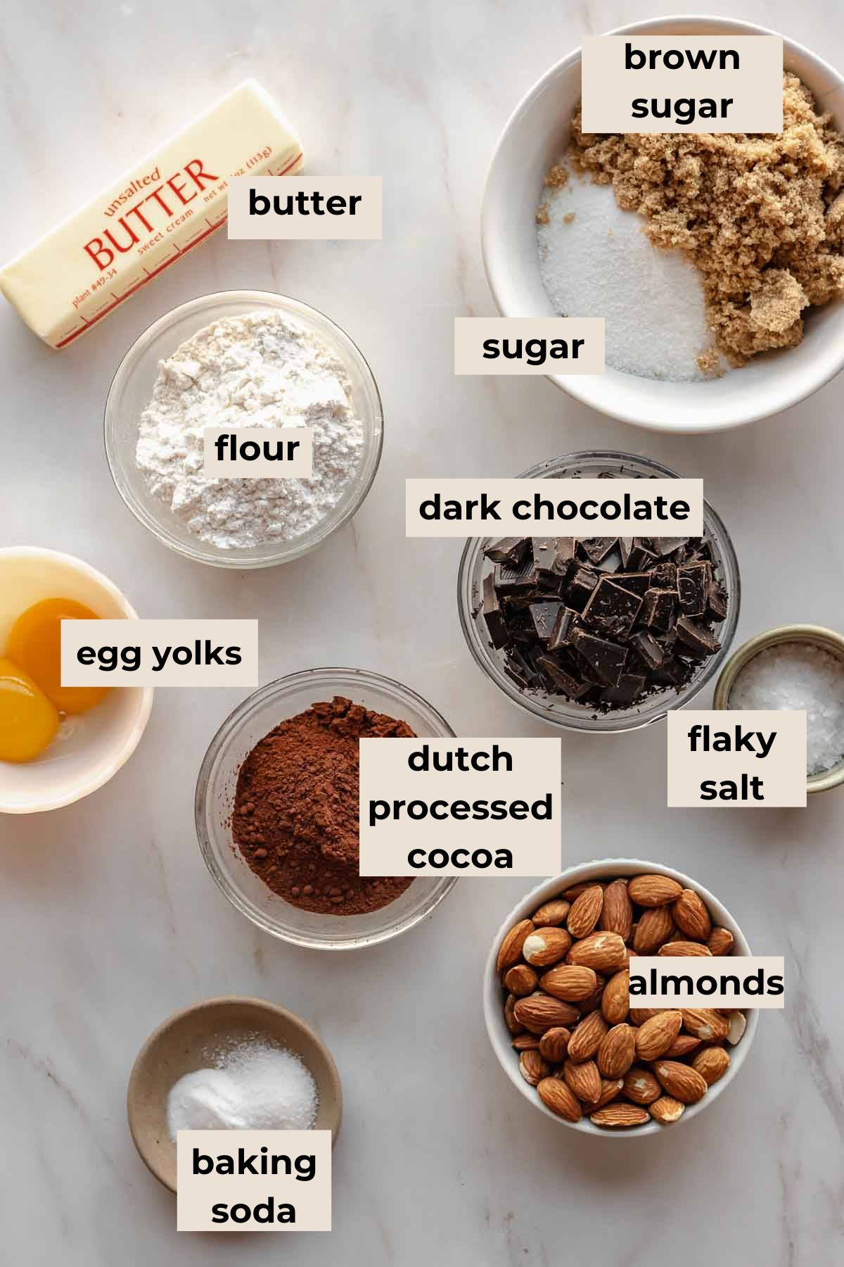 Ingredients for dark chocolate almond cookies.