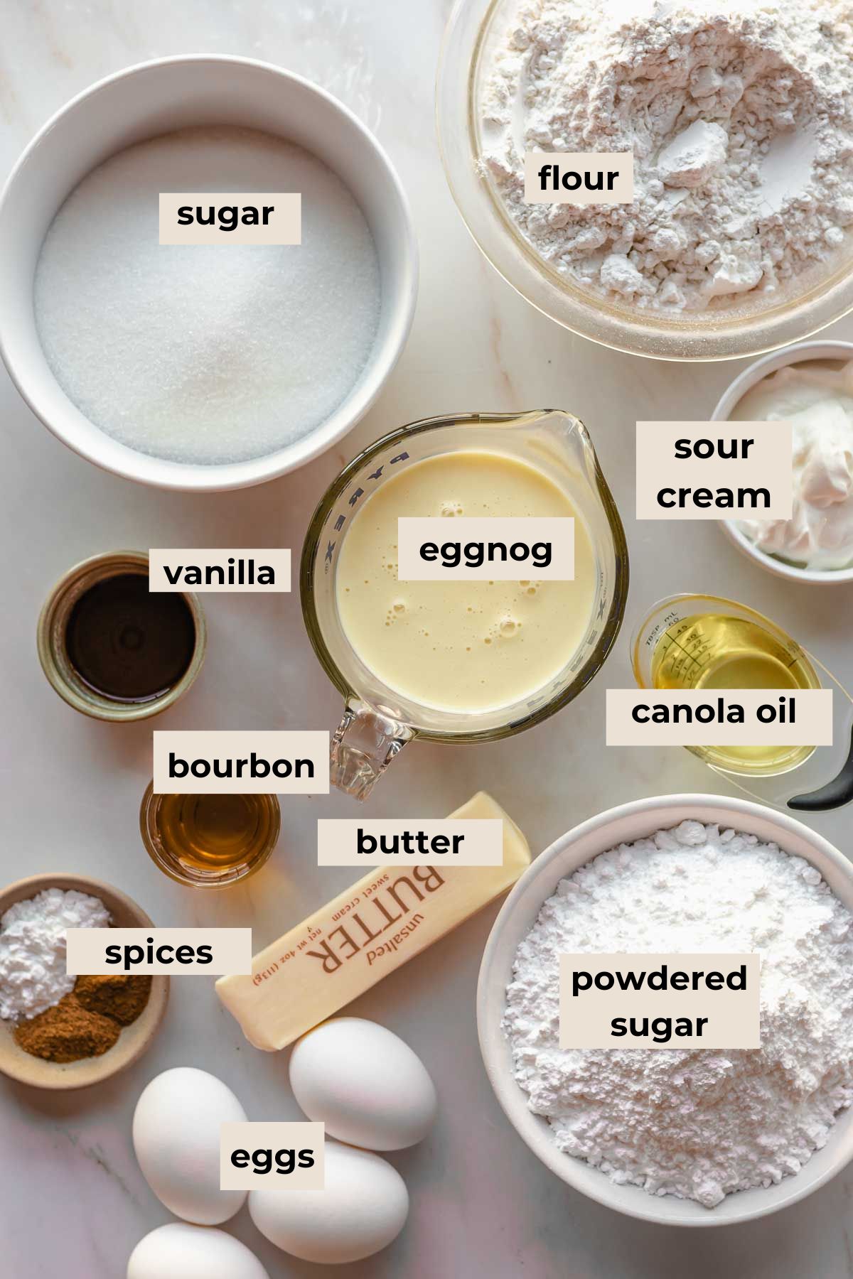 Ingredients for eggnog bundt cake.