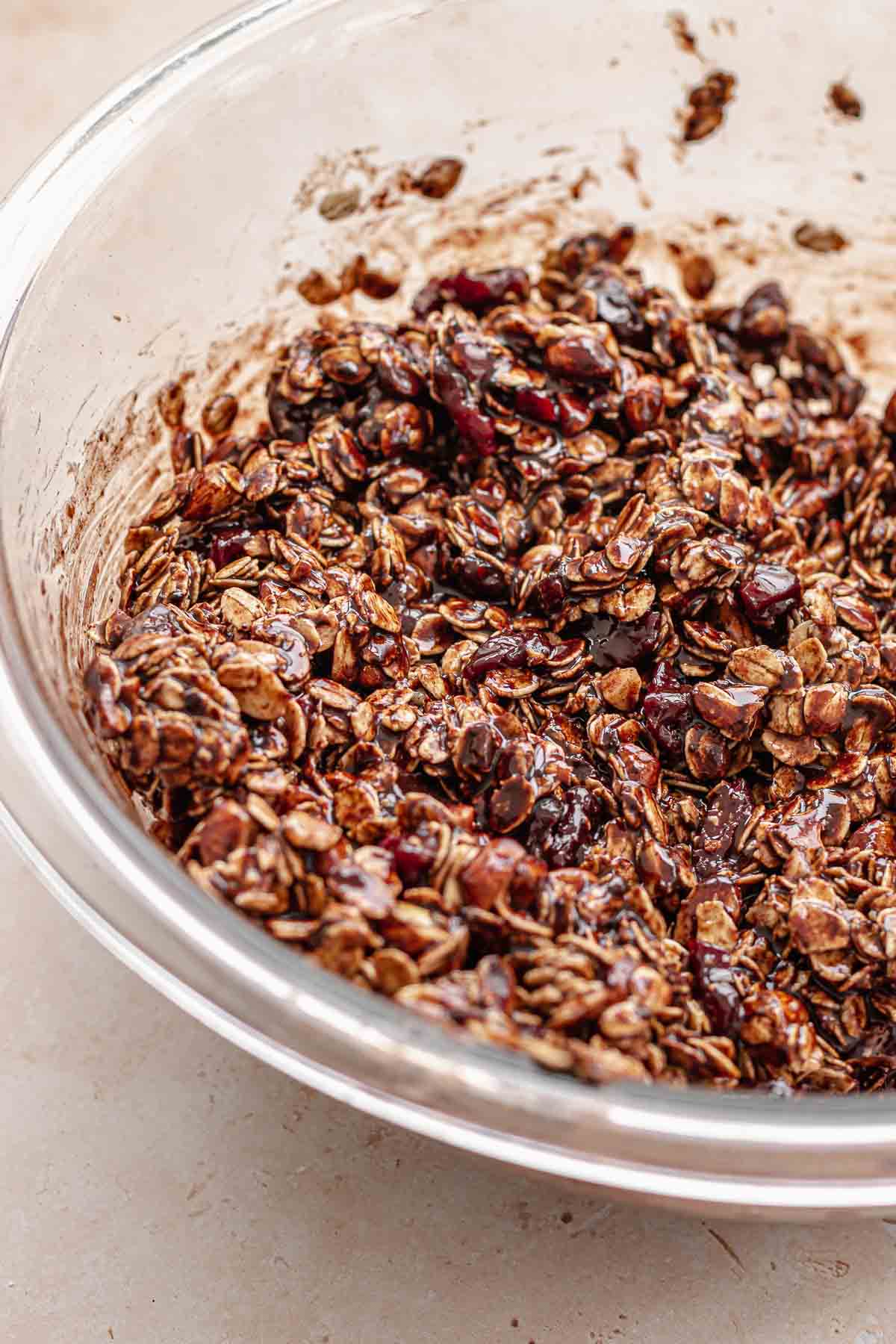 Mixed chocolate granola in a bowl.
