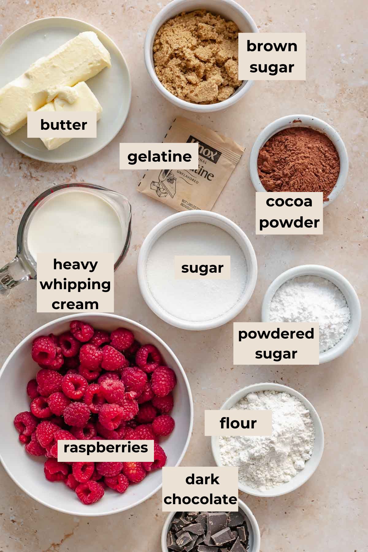 Ingredients for chocolate raspberry mousse cake.