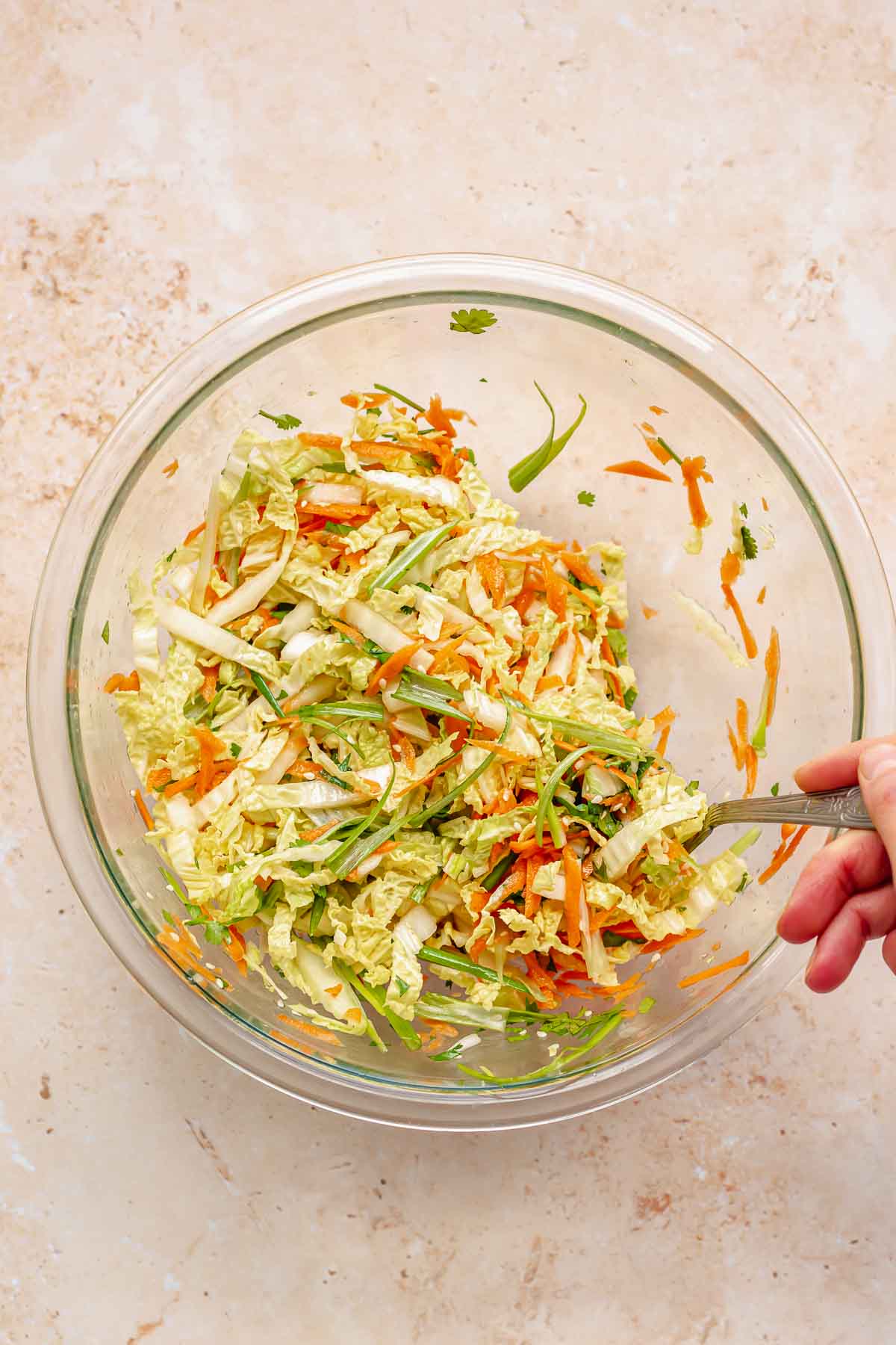 A spoon mixes Asian slaw in a bowl.